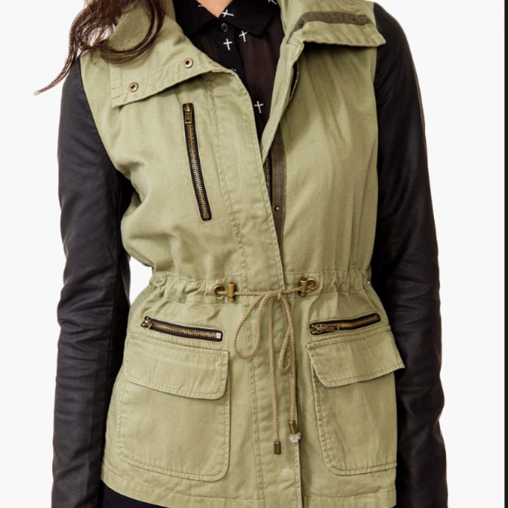 Women's Green Faux Leather Sleeve Anorak